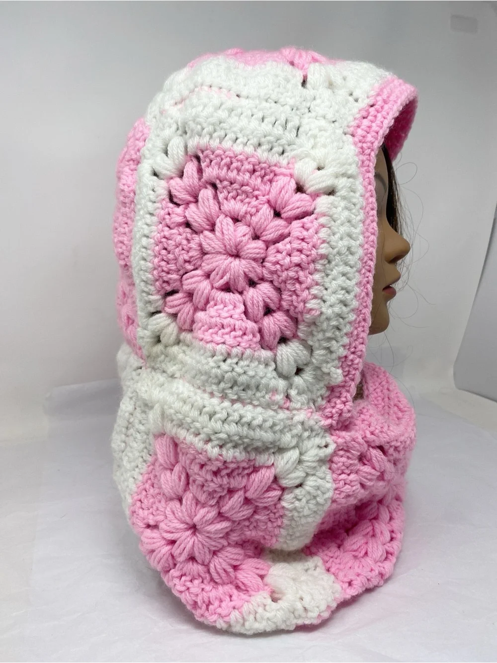 Handmade Crochet Knit Granny Square Balaclava Hood Scarf Floral Pink & White